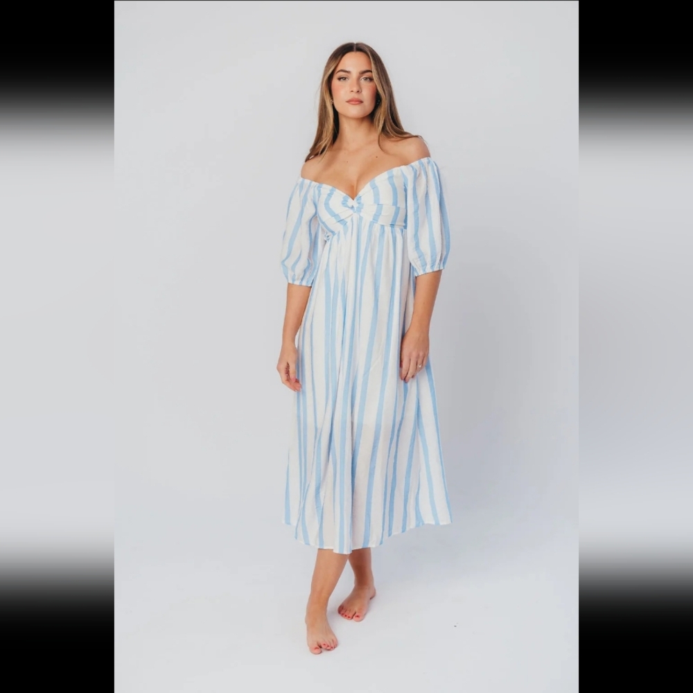 ‼️SAVE $45+‼️ NWT XS Clara Puffed Sleeve Midi Dress with Twisted Bodice in Cloud
